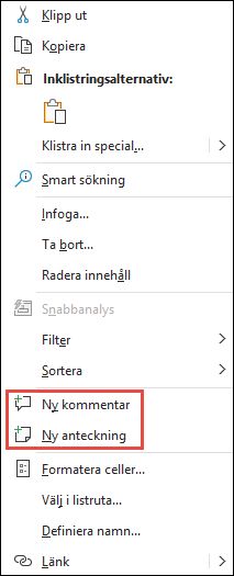 Bild av snabbmenyn i Excel