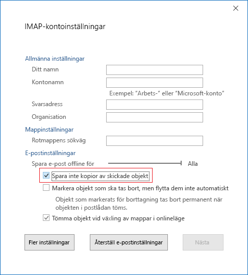 Inställningar för IMAP-konto, Lagra inte kopior av skickade objekt