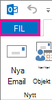 Skärmbild av vänstra delen av Outlook-menyfliksområdet med Arkiv markerat