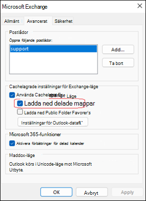 Exempel på nedladdning av delade mappar i Outlook