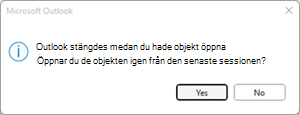 Fel i senaste sessionen i Outlook