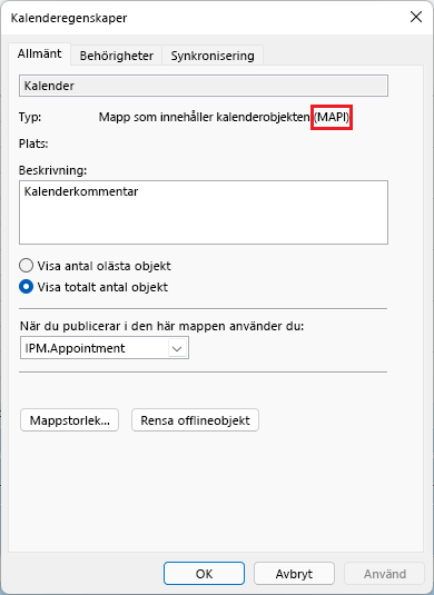 Bilden visar fönstret outlook-mötesegenskaper med m en p i inringad i rött.