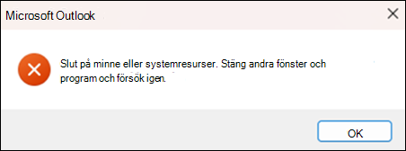 Felmeddelande om slut på minne i Outlook