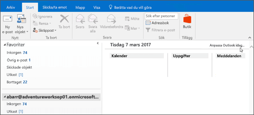 Visningsfönstret för Outlook I dag är tomt