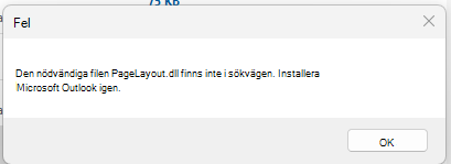 Skärmbild av felmeddelandet Den nödvändiga filen PageLayout.dll hittas inte