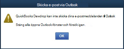 Felmeddelande om att det inte går att skicka e-post i Quickbooks desktop