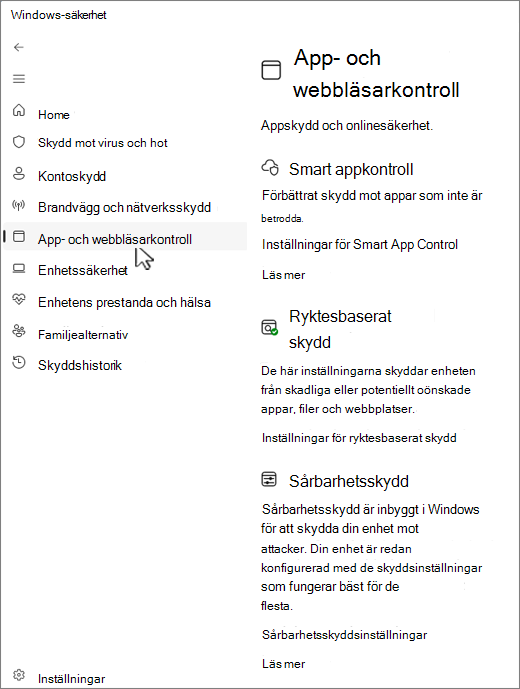 Skärmbild av sidan för app- och webbläsarkontroll i Windows-säkerhet-appen.