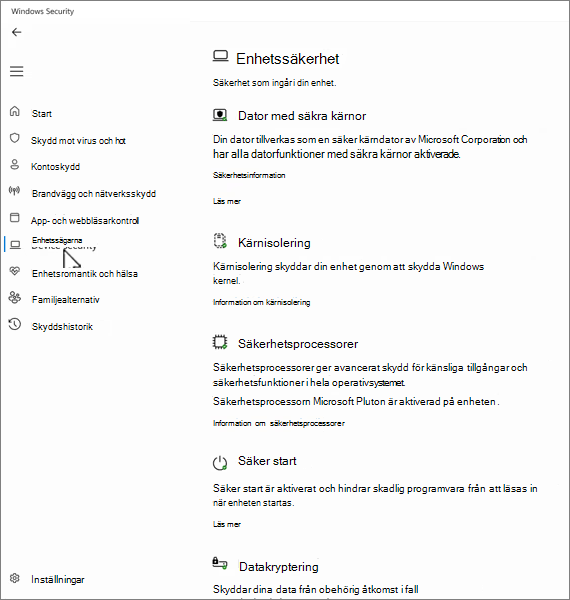 Skärmbild av skärmen för enhetssäkerhet i appen Windows-säkerhet.