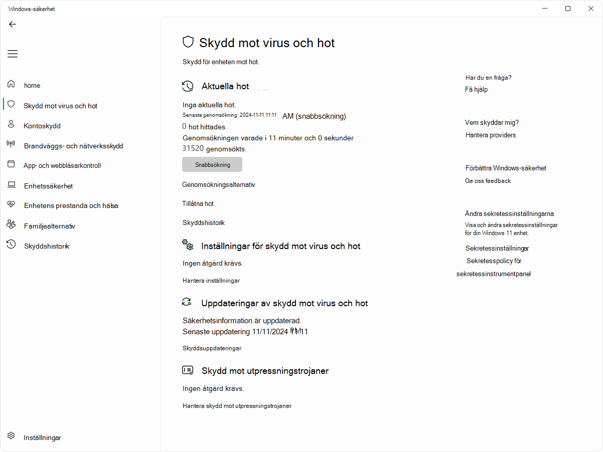 Skärmbild av sidan skydd mot virus och hot i appen Windows-säkerhet.