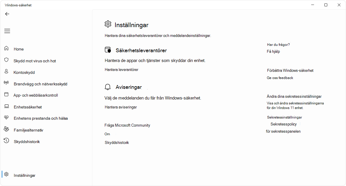 Skärmbild av inställningssidan för Windows-säkerhet-appen.
