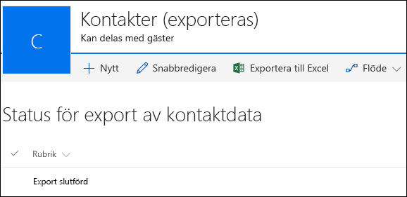 SharePoint-lista med post med namnet Exporten har slutförts