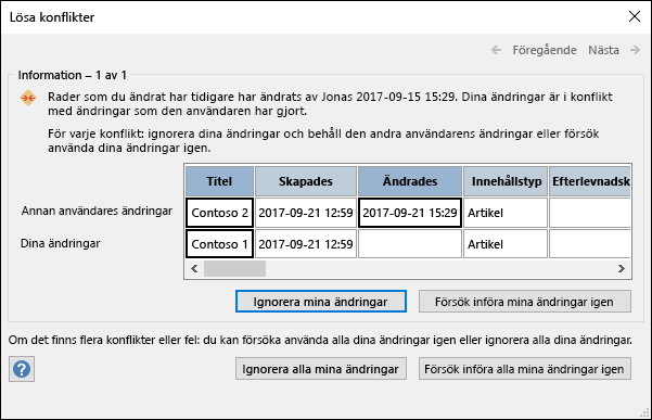 Använd alternativen i dialogrutan Konfliktlösning för att lösa datakonflikter.