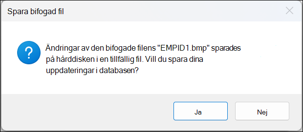 Bekräftelserutan för att spara bifogade filer med knapparna Ja och Nej.