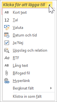 Lägg till en ny tabellkolumn, skriv Uppslag och relation