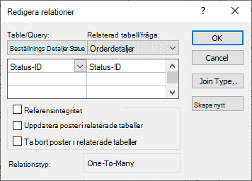 Dialogrutan Redigera relationer visas med en befintlig relation