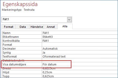 Visa datumväljarens egenskap på egenskapssidan för ett formulär