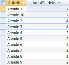 Frågeresultat som visar antalet personer per ärende