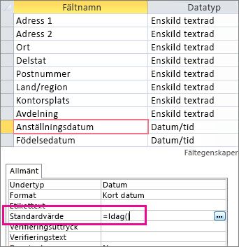 Ange standardvärdet för ett datum- och tidsfält i en Access-tabell.