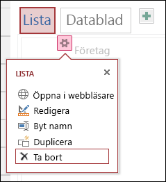 Menyn Inställningar med Öppna i webbläsare, Redigera, Byt namn, Kopiera och Ta bort