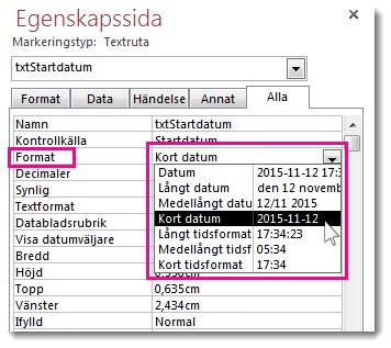 En bild av egenskapssidan med listrutan Format.