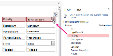 Dra ett fält från fältlistan till en vy.
