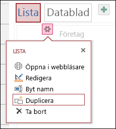 Menyn Inställningar med Öppna i webbläsare, Redigera, Byt namn, Kopiera och Ta bort