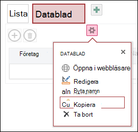 Menyn Inställningar med Öppna i webbläsare, Redigera, Byt namn, Duplicera och Ta bort