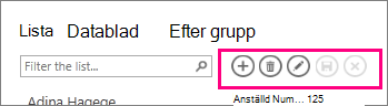 Åtgärdsfältet i Listvyn