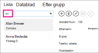 Använda sökrutan i listvyn