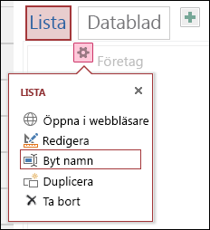 Menyn Inställningar med Öppna i webbläsare, Redigera, Byt namn, Kopiera och Ta bort