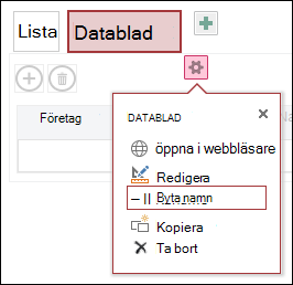 Menyn Inställningar med Öppna i webbläsare, Redigera, Byt namn, Kopiera och Ta bort