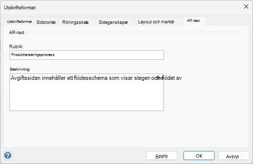 Dialogrutan Alternativtext för en sida i Visio för Windows.