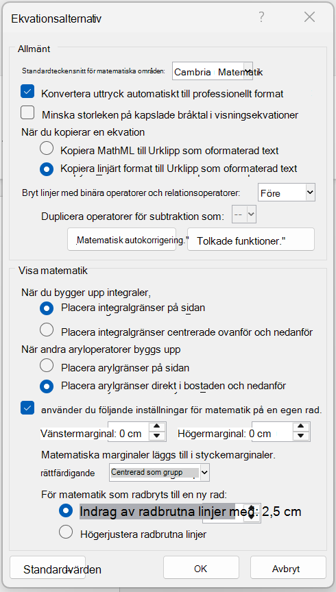 Dialogrutan Ekvationsalternativ i ett Word-dokument.