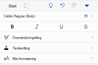 Alternativ för teckenformatering i Word för iOS.