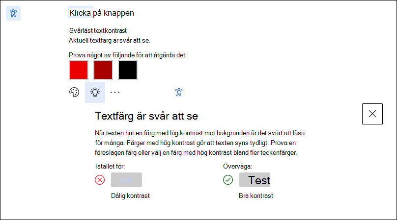 Skärm med utbildningstips för tillgänglighetsproblemet.
