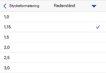 Alternativ för radavstånd i Word för iOS.