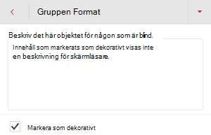 Dialogrutan Alternativtext med kryssrutan Markera som dekorativ markerad i PowerPoint för Android.