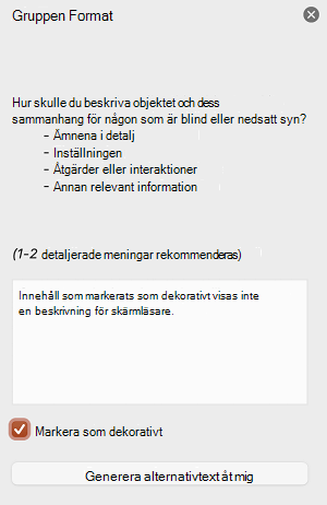 Kryssrutan Markera som dekorativ markerad i fönstret Alternativtext i PowerPoint för Mac.