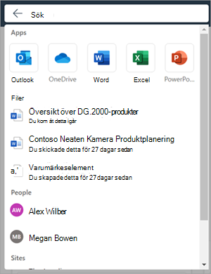 Microsoft 365-sökrutan med den utökade listrutan när fokus är på sökrutan.