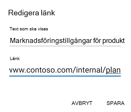 Dialogrutan Redigera länk i Outlook för Android.