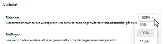 Skärmbild av sidzoomningsnivåer.