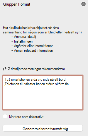 Fönstret Alternativtext i PowerPoint för Mac.