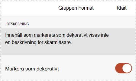 Alternativet Markera som dekorativt markerat i dialogrutan Alternativtext i PowerPoint för iOS.