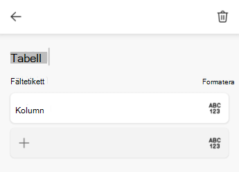 Textfältet Tabellnamn i Excel för Android