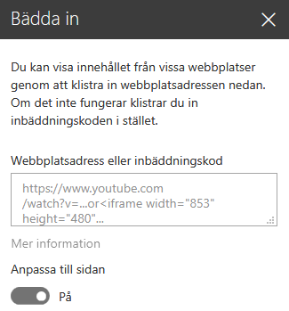 Skärmbild av dialogrutan Inbäddningskod i SharePoint.