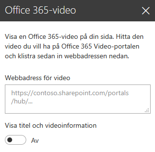 Skärmbild av Office 365-videoadress-dialogrutan i SharePoint.