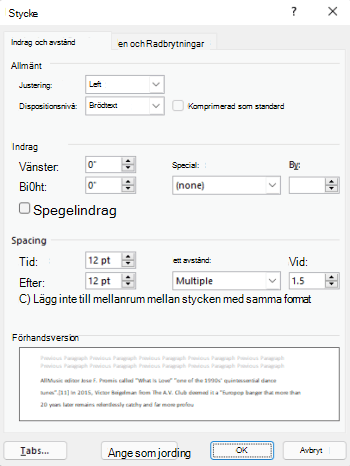 Dialogrutan Stycke i Outlook.