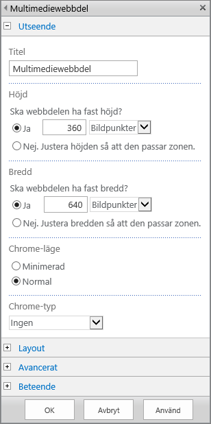 Skärmbild av dialogrutan Mediawebbdel i SharePoint Online som används för att ange inställningar för Utseende, Layout, Avancerat och Beteende för mediefiler. Alternativen för Utseende visas, inklusive titel, höjd, bredd och chrome-läge samt skrivning.