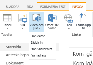 Skärmbild av menyfliksområdet i SharePoint Online. Välj fliken Infoga och välj sedan Video och ljud för att ange om du vill lägga till en fil från din dator, en SharePoint-plats, en webbadress eller via en inbäddningskod.