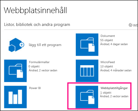 Sidan Webbplatsinnehåll på enkel webbplats i SharePoint Online med panelen Webbplatstillgångar markerad